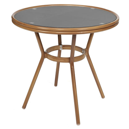 Bistro 31.5" Table, Black Textilene, Glass Top with 2 Stack Chairs,Natural Frame