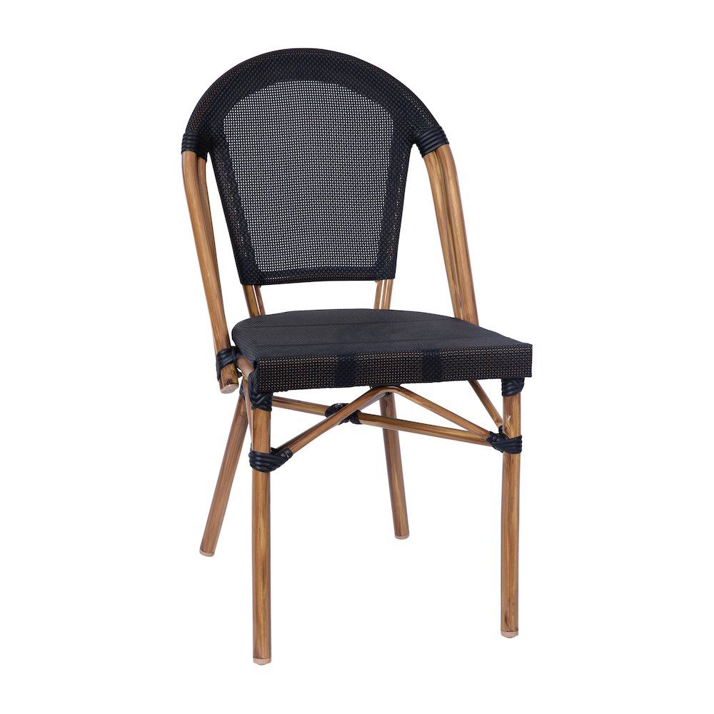 Bistro 31.5" Table, Black Textilene, Glass Top with 2 Stack Chairs,Natural Frame