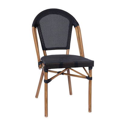 Bistro 31.5" Table, Black Textilene, Glass Top with 2 Stack Chairs,Natural Frame