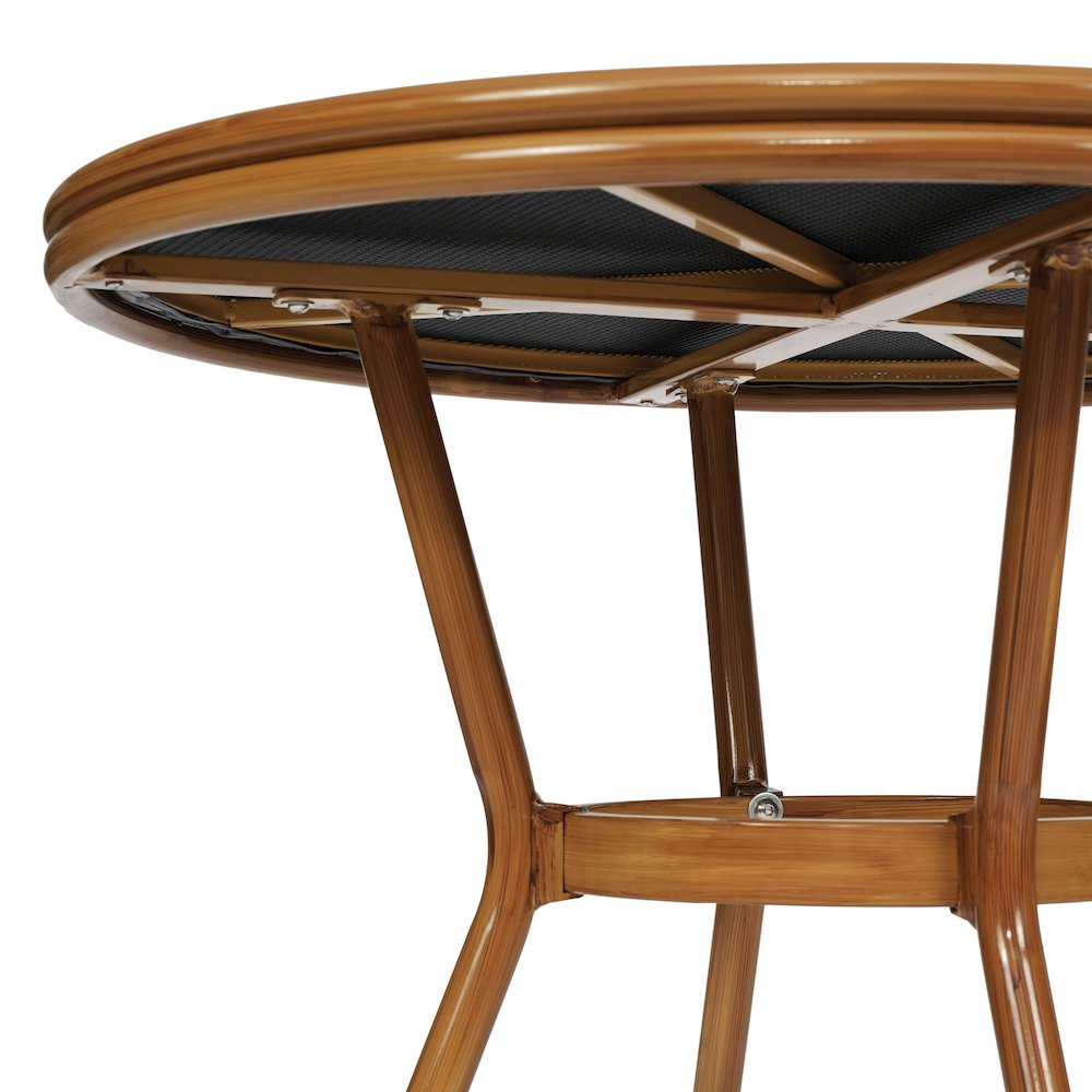 Bistro 31.5" Table, Black Textilene, Glass Top with 2 Stack Chairs,Natural Frame
