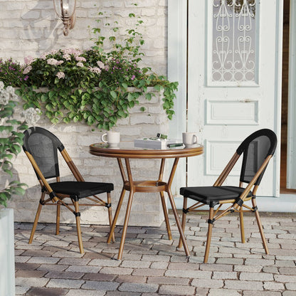 Bistro 31.5" Table, Black Textilene, Glass Top with 2 Stack Chairs,Natural Frame
