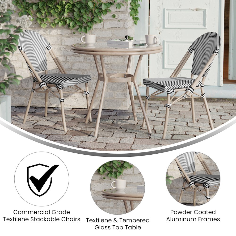 Bistro 31.5" Table, Black/White Textilene, Glass Top with 2 Stack Chairs