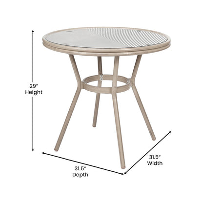 Bistro 31.5" Table, Black/White Textilene, Glass Top with 2 Stack Chairs