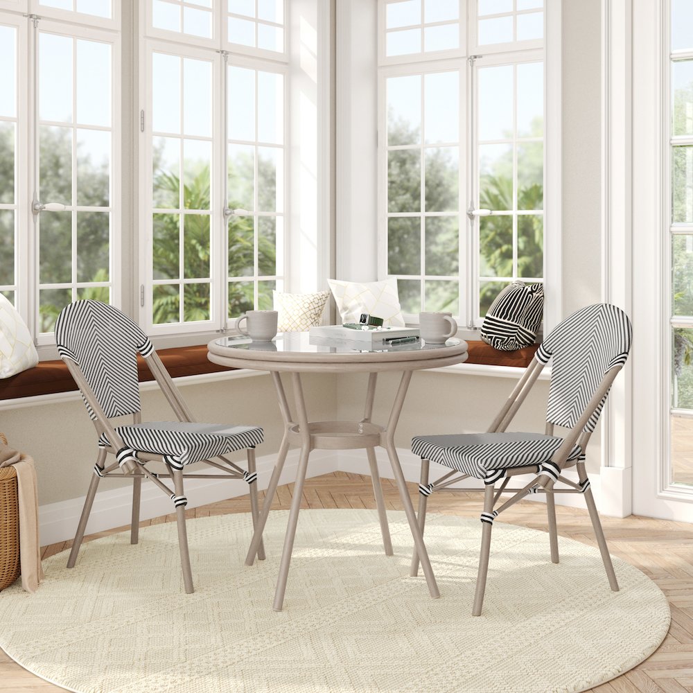 Bistro 31.5" Table, Black/White Textilene, Glass Top with 2 Stack Chairs