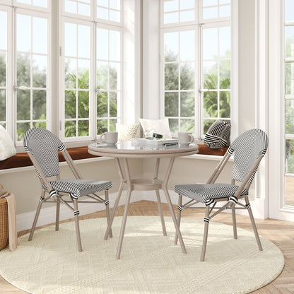 Bistro 31.5" Table, Black/White Textilene, Glass Top with 2 Stack Chairs