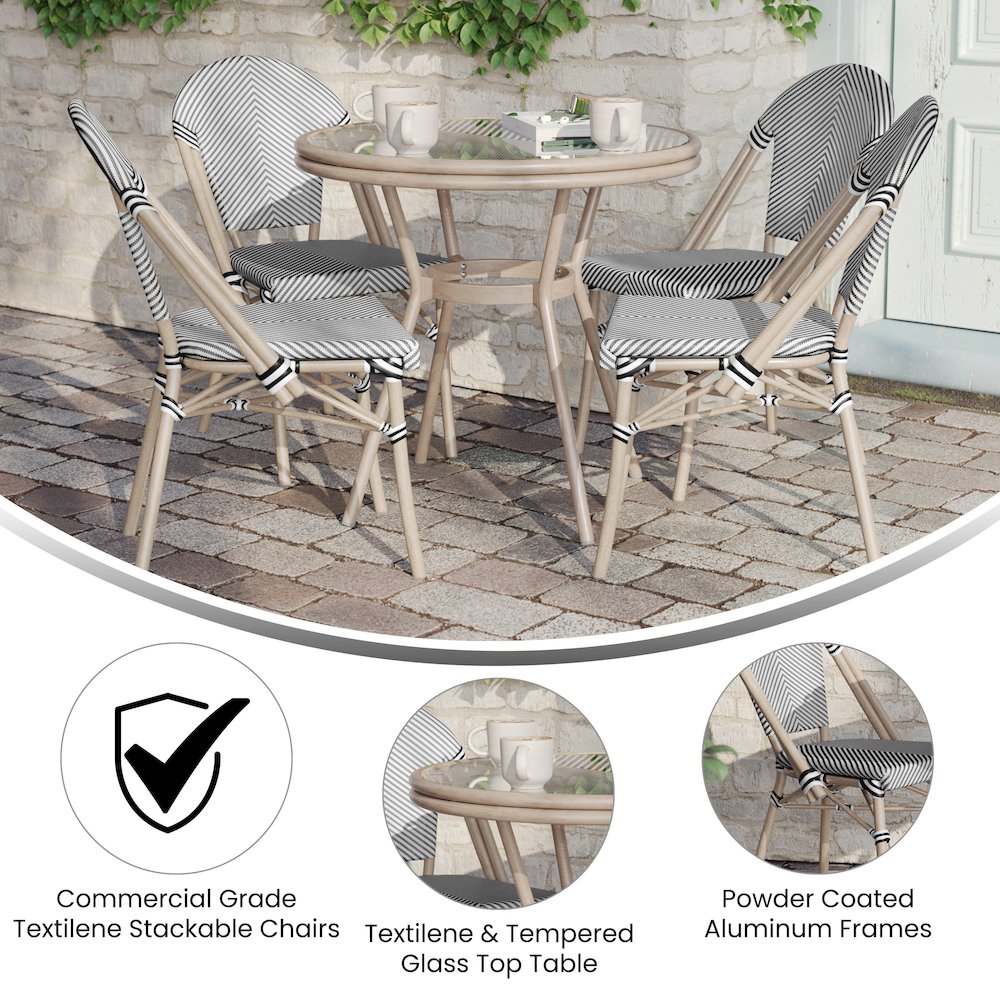 Bistro 31.5" Table, Black/White Textilene, Glass Top with 4 Stack Chairs