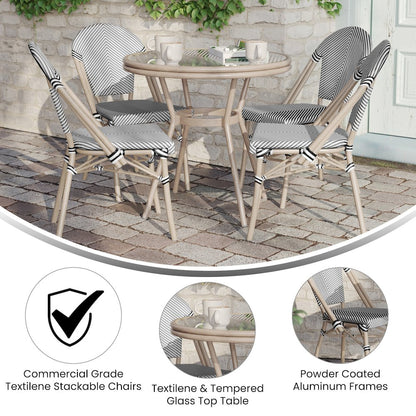 Bistro 31.5" Table, Black/White Textilene, Glass Top with 4 Stack Chairs