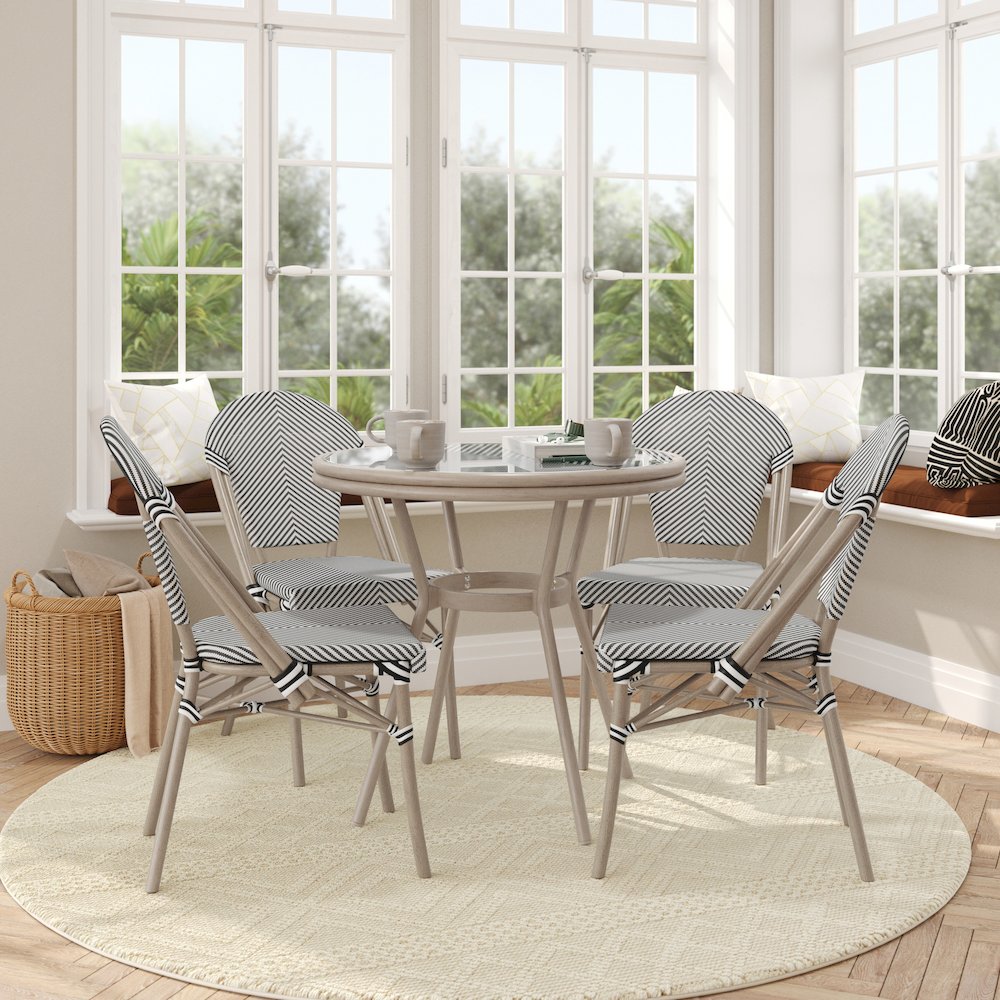 Bistro 31.5" Table, Black/White Textilene, Glass Top with 4 Stack Chairs
