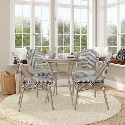 Bistro 31.5" Table, Black/White Textilene, Glass Top with 4 Stack Chairs