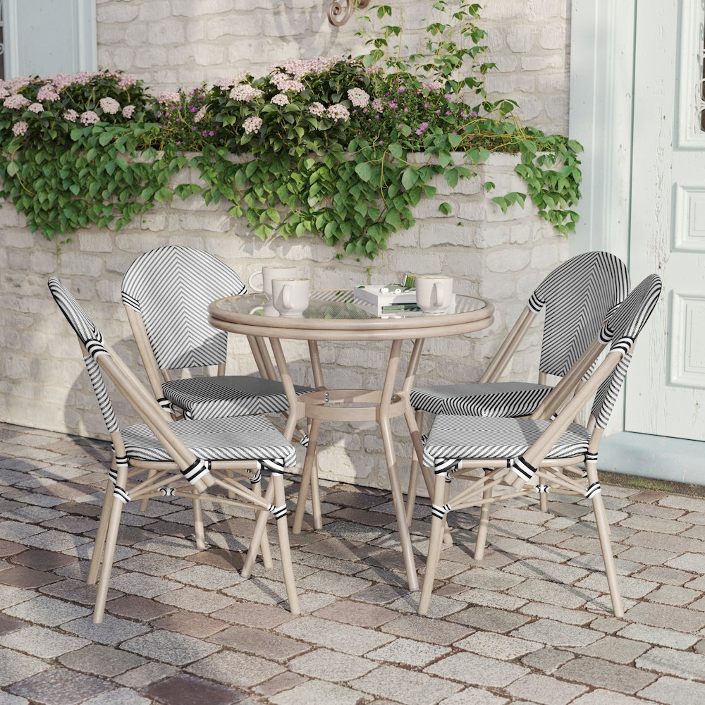 Bistro 31.5" Table, Black/White Textilene, Glass Top with 4 Stack Chairs