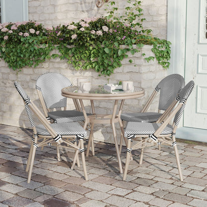 Bistro 31.5" Table, Black/White Textilene, Glass Top with 4 Stack Chairs