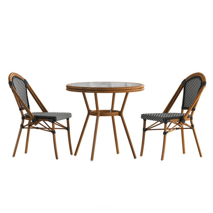Bistro 31.5" Table, Black and White PE Rattan, Glass Top with 2 Stack Chairs