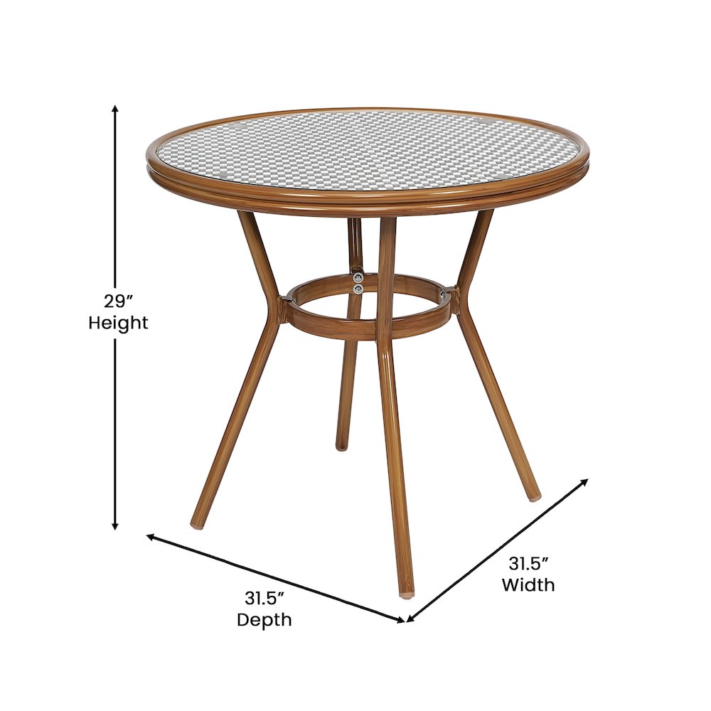 Bistro 31.5" Table, Black and White PE Rattan, Glass Top with 2 Stack Chairs