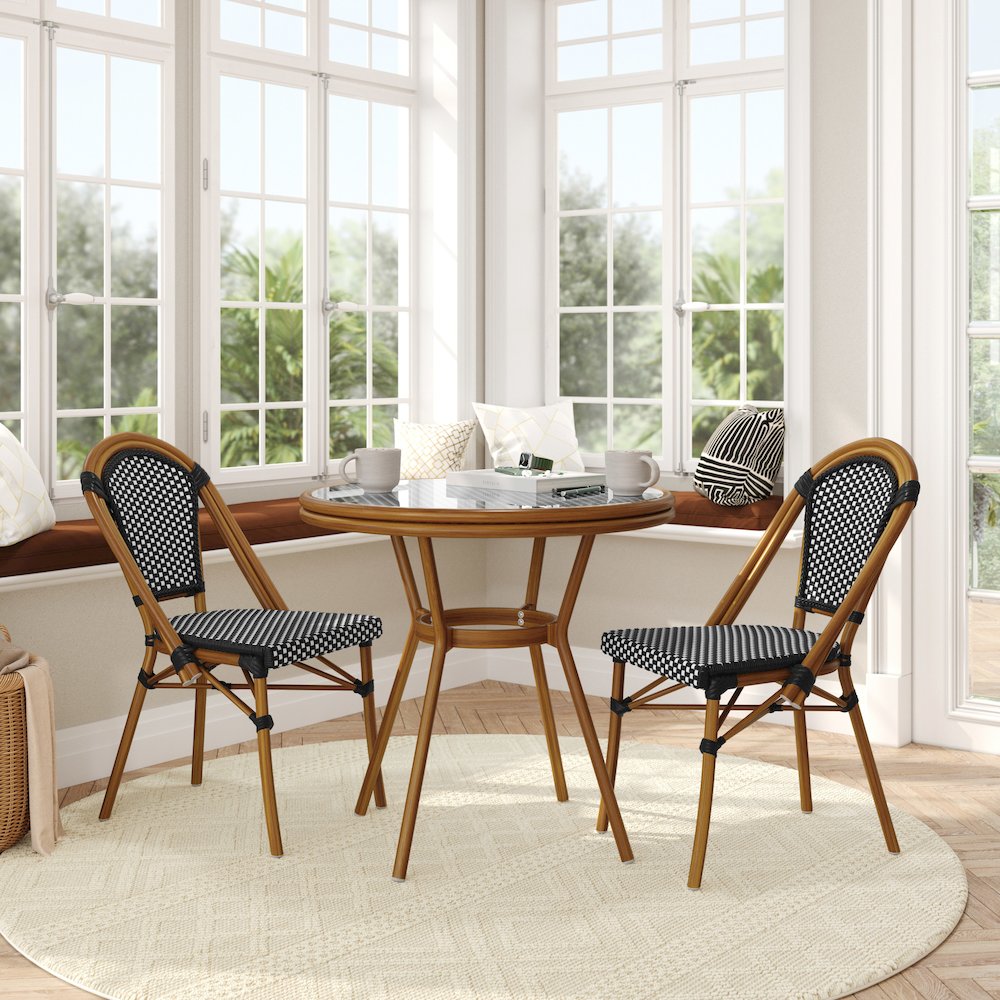Bistro 31.5" Table, Black and White PE Rattan, Glass Top with 2 Stack Chairs