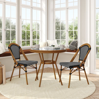 Bistro 31.5" Table, Black and White PE Rattan, Glass Top with 2 Stack Chairs