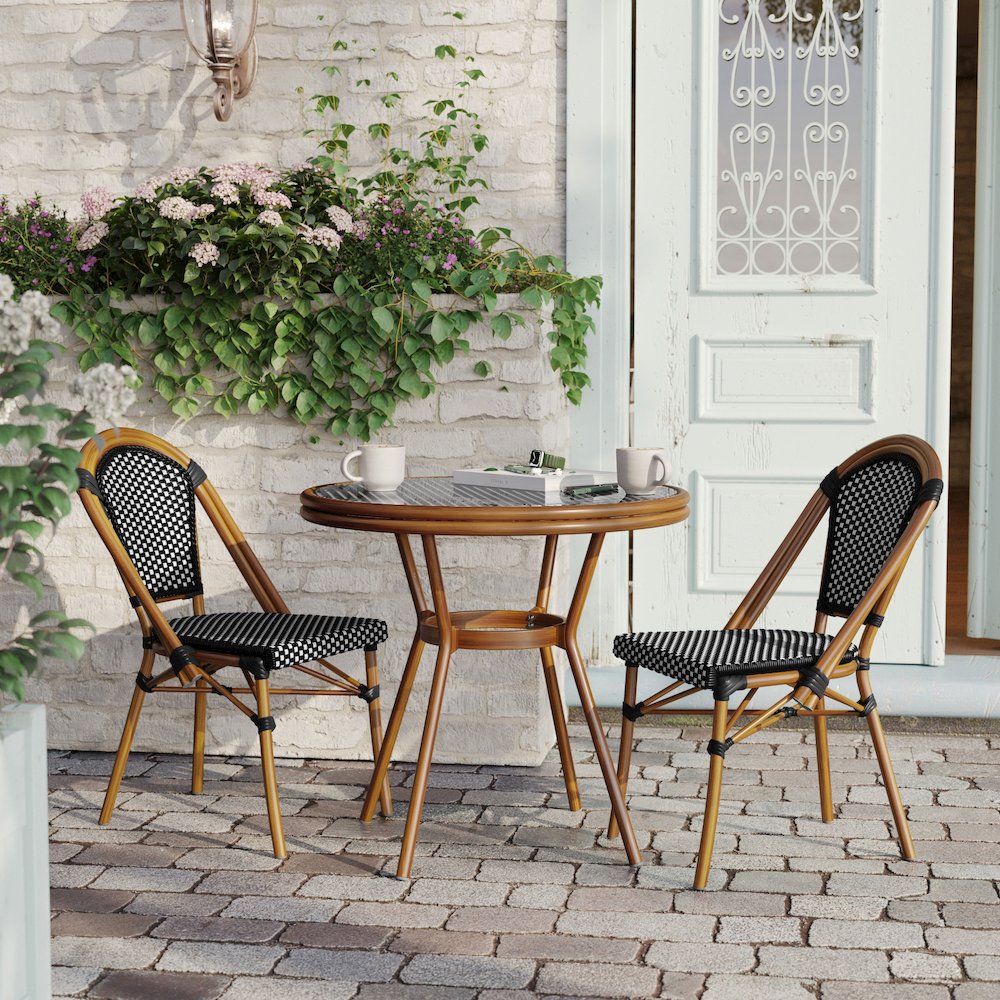 Bistro 31.5" Table, Black and White PE Rattan, Glass Top with 2 Stack Chairs