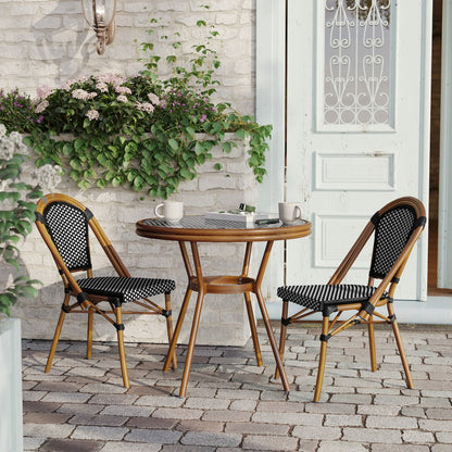 Bistro 31.5" Table, Black and White PE Rattan, Glass Top with 2 Stack Chairs