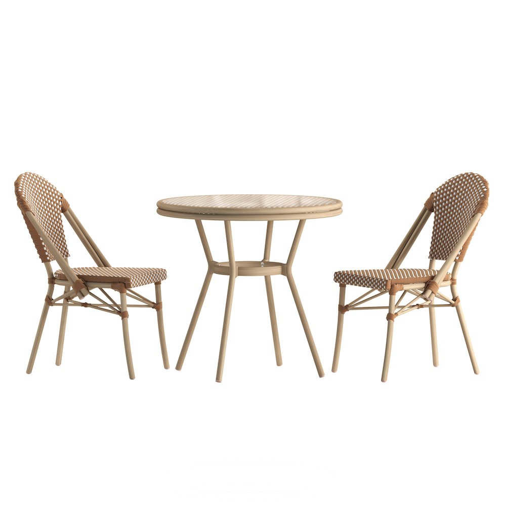 Bistro 31.5" Table, Natural/White PE Rattan, Glass Top with 2 Stack Chairs