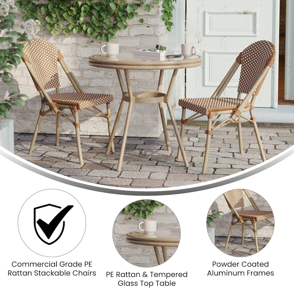 Bistro 31.5" Table, Natural/White PE Rattan, Glass Top with 2 Stack Chairs