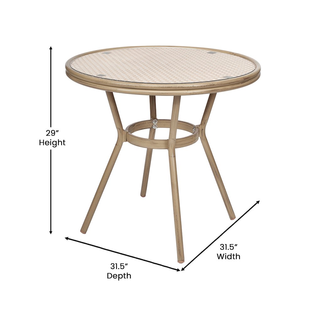 Bistro 31.5" Table, Natural/White PE Rattan, Glass Top with 2 Stack Chairs