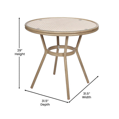 Bistro 31.5" Table, Natural/White PE Rattan, Glass Top with 2 Stack Chairs
