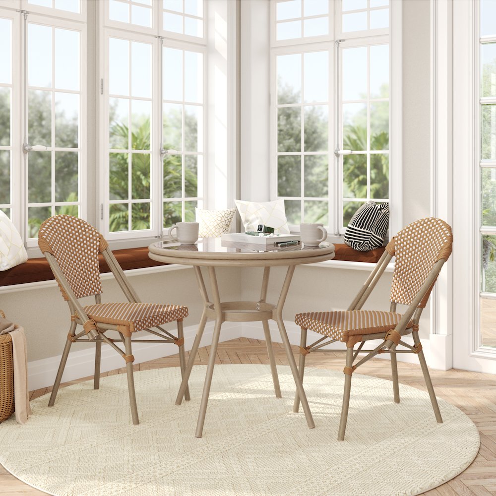 Bistro 31.5" Table, Natural/White PE Rattan, Glass Top with 2 Stack Chairs