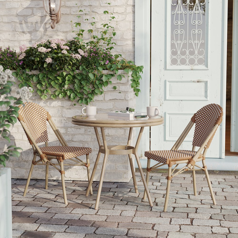 Bistro 31.5" Table, Natural/White PE Rattan, Glass Top with 2 Stack Chairs