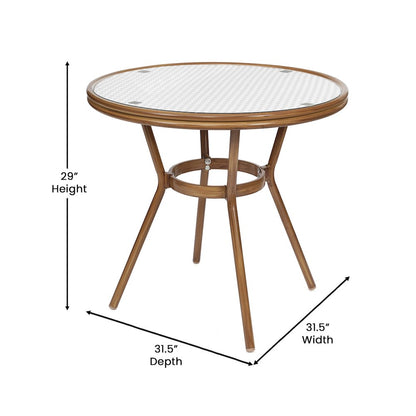 Bistro 31.5" Table, White and Gray PE Rattan, Glass Top with 2 Stack Chairs