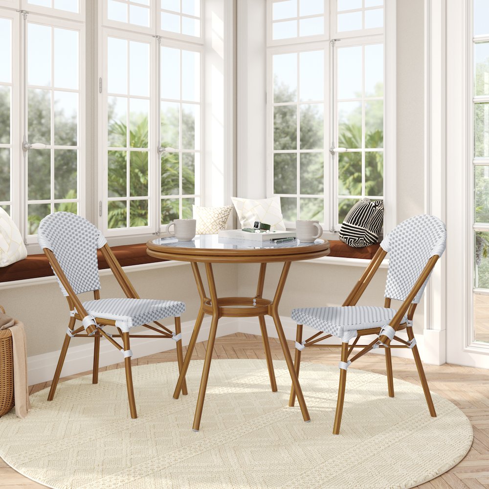 Bistro 31.5" Table, White and Gray PE Rattan, Glass Top with 2 Stack Chairs