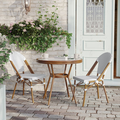 Bistro 31.5" Table, White and Gray PE Rattan, Glass Top with 2 Stack Chairs
