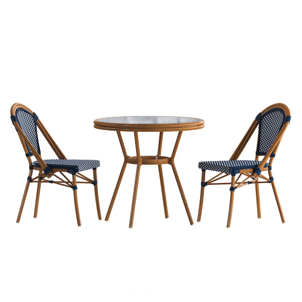 Classic Bistro Set with Table and Two Chairs, Navy & White Rattan/Natural Frame