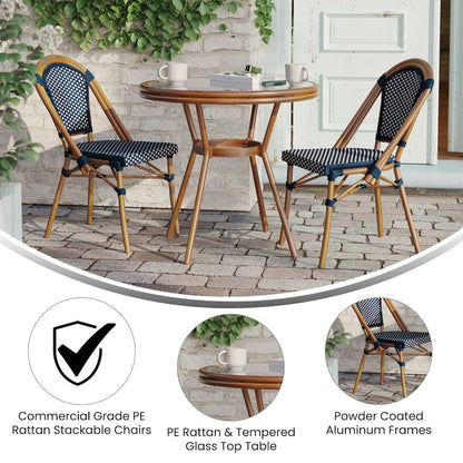 Classic Bistro Set with Table and Two Chairs, Navy & White Rattan/Natural Frame