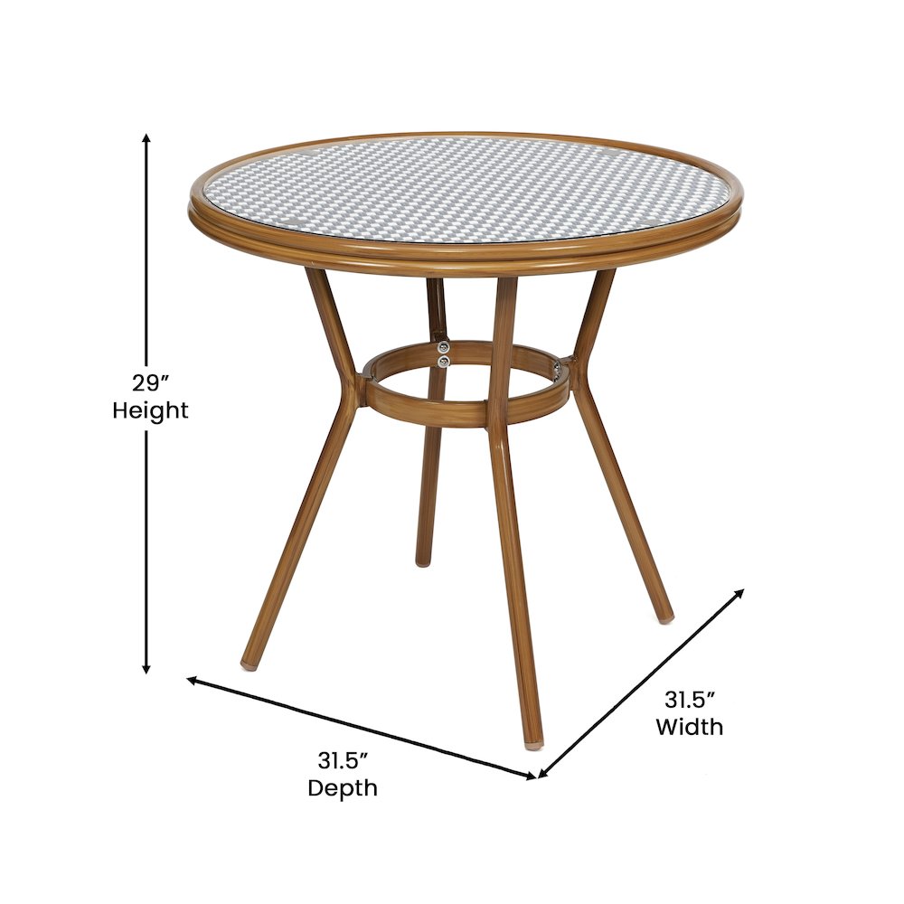 Classic Bistro Set with Table and Two Chairs, Navy & White Rattan/Natural Frame