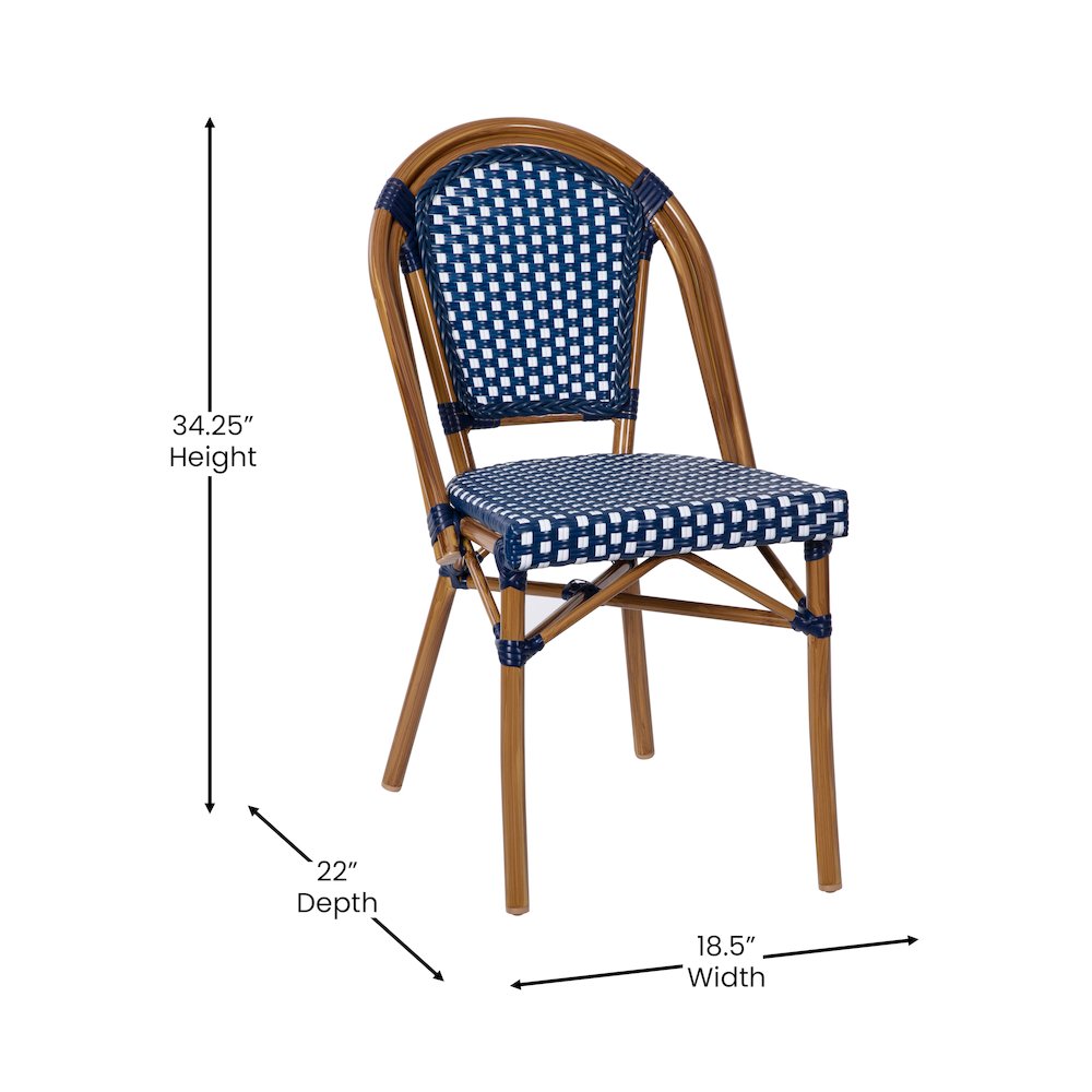 Classic Bistro Set with Table and Two Chairs, Navy & White Rattan/Natural Frame