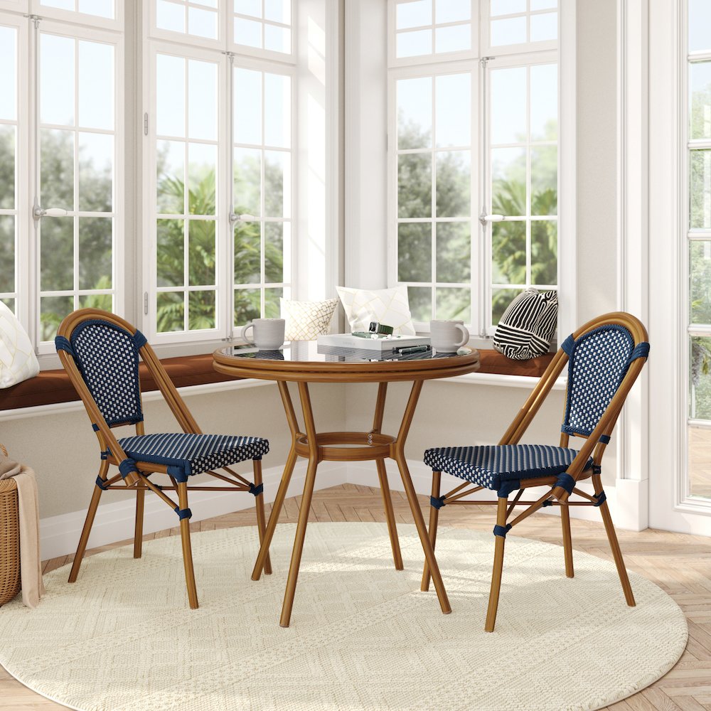 Classic Bistro Set with Table and Two Chairs, Navy & White Rattan/Natural Frame