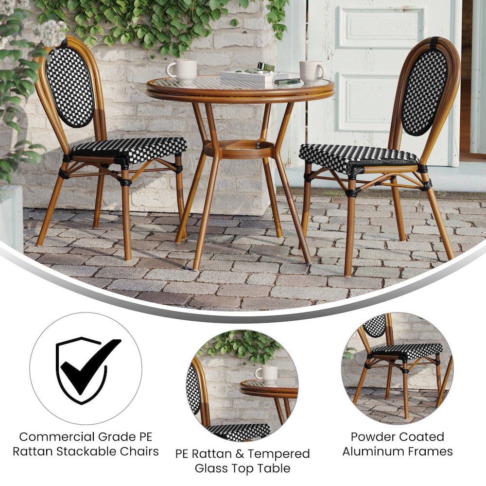 Bistro 31.5" Table, Black and White PE Rattan, Glass Top with 2 Stack Chairs