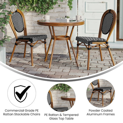 Bistro 31.5" Table, Black and White PE Rattan, Glass Top with 2 Stack Chairs
