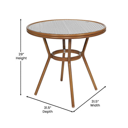 Bistro 31.5" Table, Black and White PE Rattan, Glass Top with 2 Stack Chairs