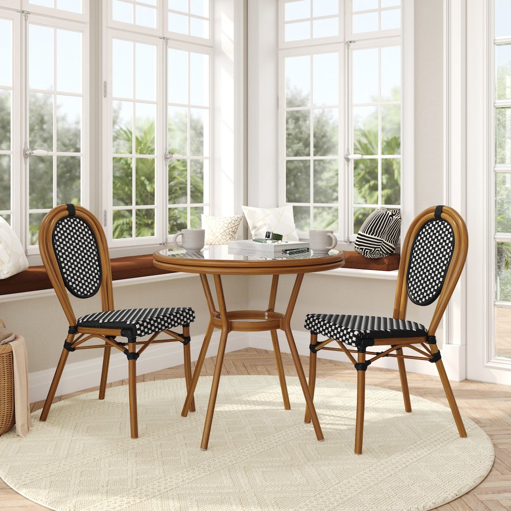 Bistro 31.5" Table, Black and White PE Rattan, Glass Top with 2 Stack Chairs