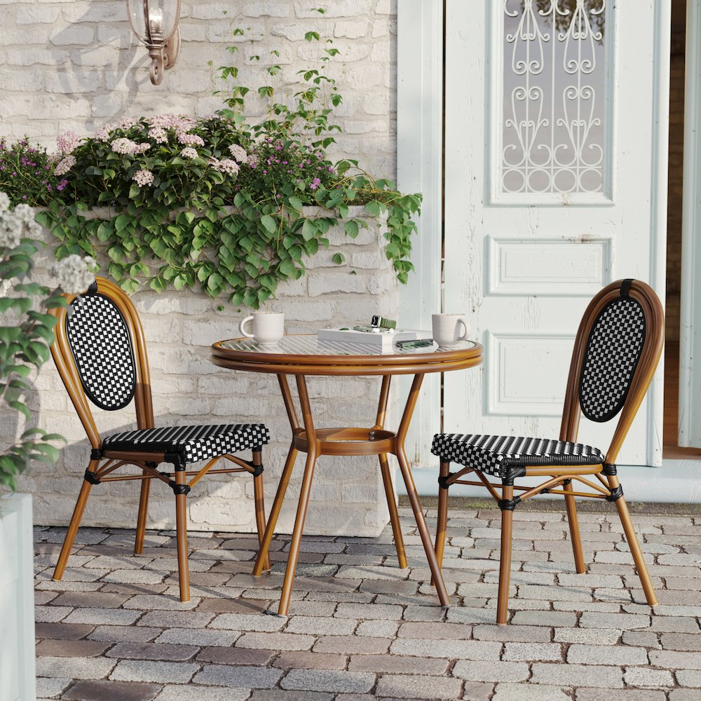 Bistro 31.5" Table, Black and White PE Rattan, Glass Top with 2 Stack Chairs
