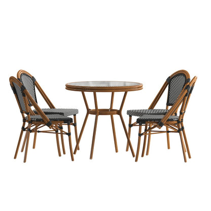 Bistro 31.5" Table, Black and White PE Rattan, Glass Top with 4 Stack Chairs
