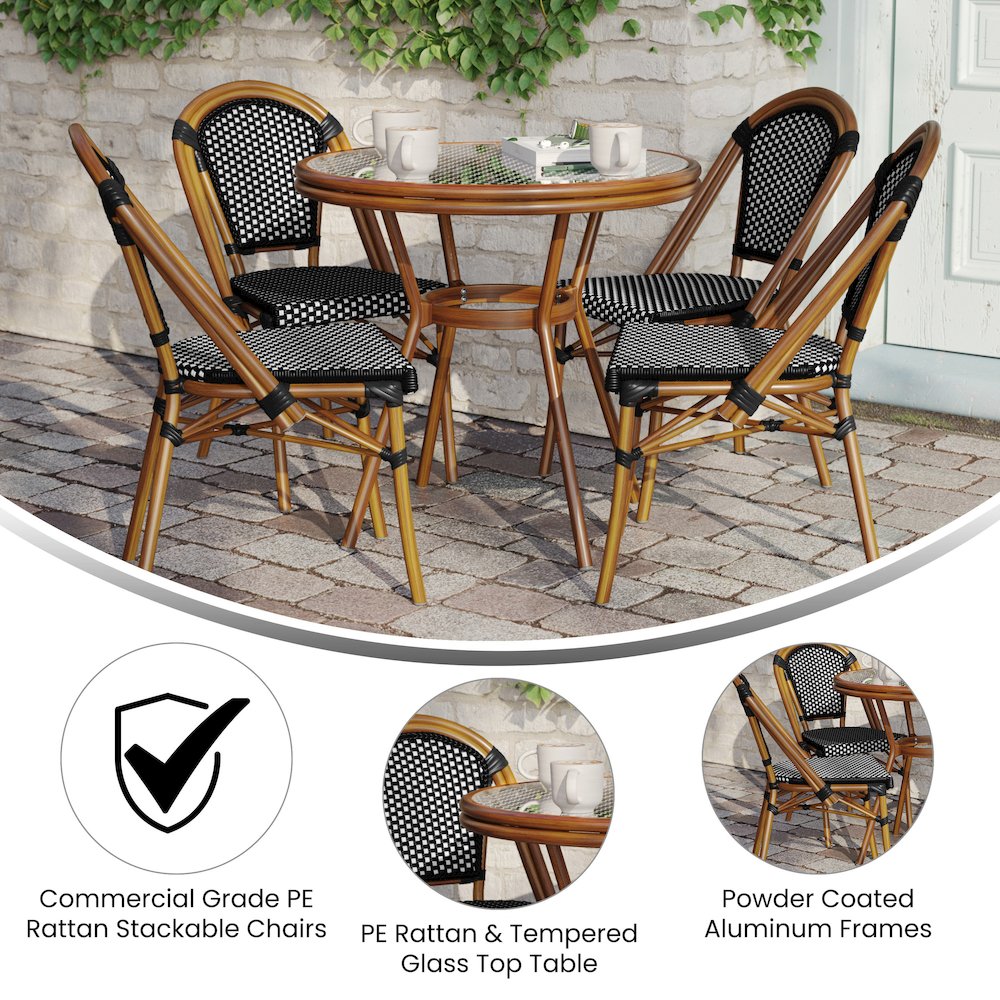 Bistro 31.5" Table, Black and White PE Rattan, Glass Top with 4 Stack Chairs