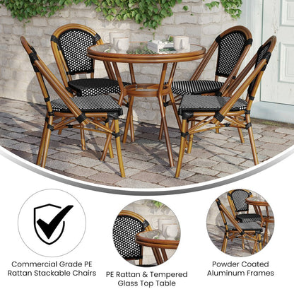 Bistro 31.5" Table, Black and White PE Rattan, Glass Top with 4 Stack Chairs