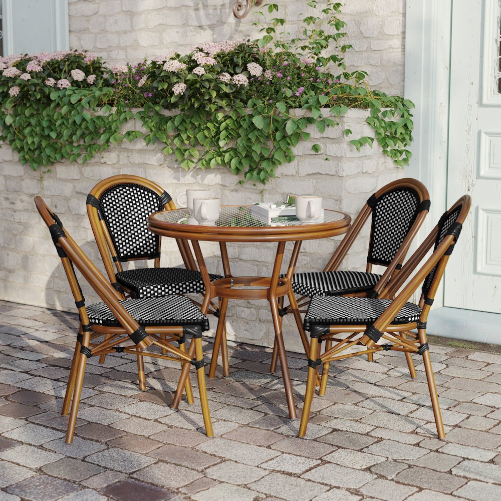 Bistro 31.5" Table, Black and White PE Rattan, Glass Top with 4 Stack Chairs