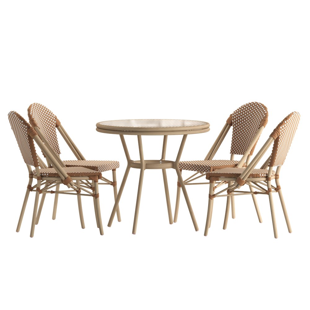 31.5" Table, Natural/White PE Rattan, Glass Top with 4 Stack Chairs