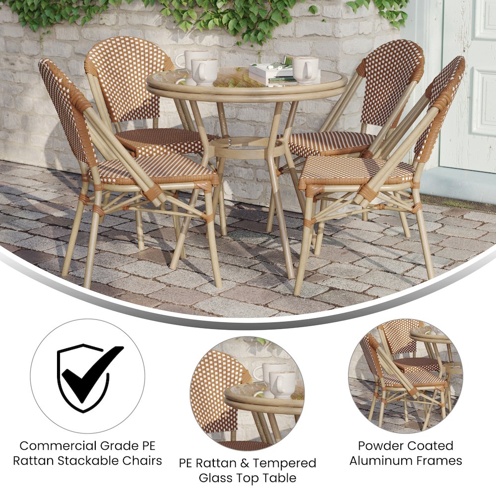 31.5" Table, Natural/White PE Rattan, Glass Top with 4 Stack Chairs