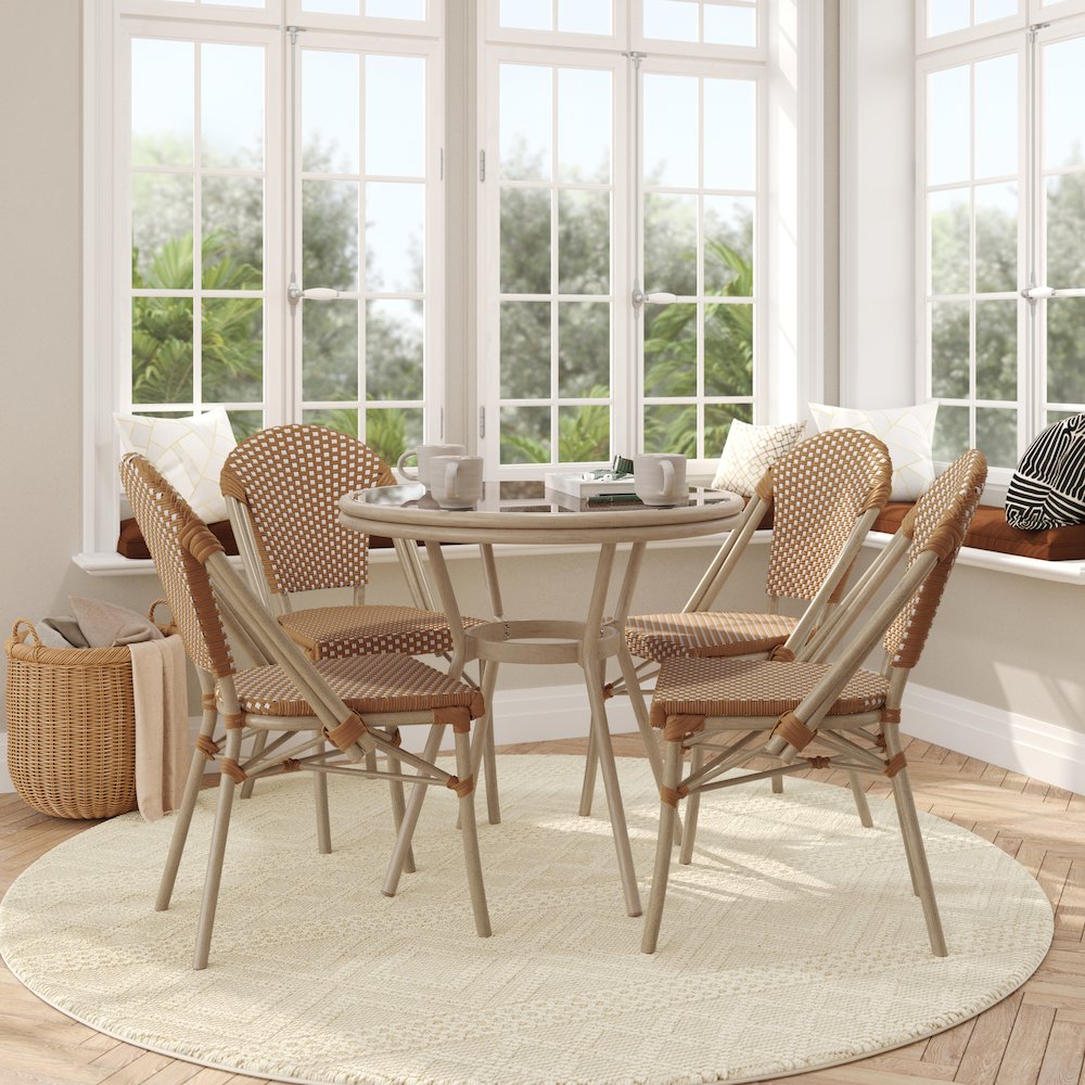 31.5" Table, Natural/White PE Rattan, Glass Top with 4 Stack Chairs
