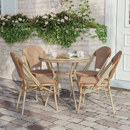 31.5" Table, Natural/White PE Rattan, Glass Top with 4 Stack Chairs