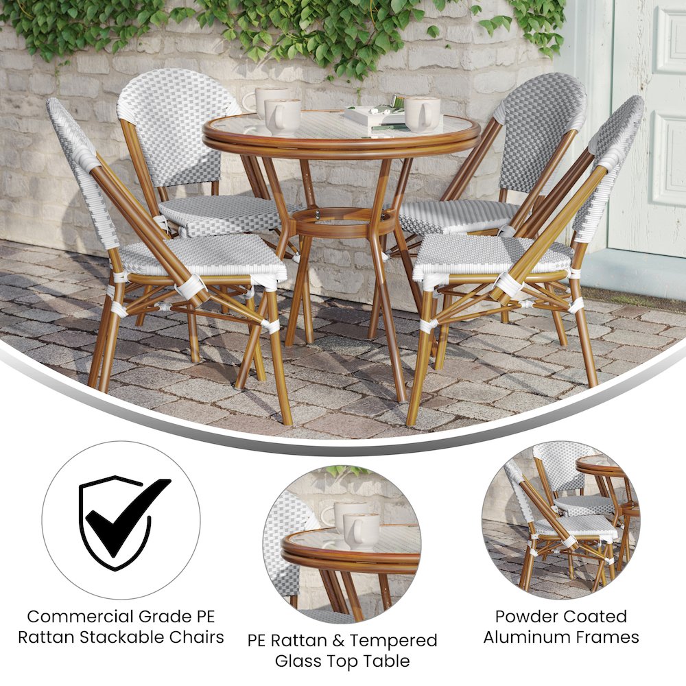Bistro 31.5" Table, White and Gray PE Rattan, Glass Top with 4 Stack Chairs