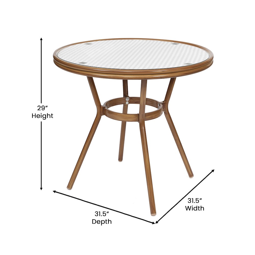 Bistro 31.5" Table, White and Gray PE Rattan, Glass Top with 4 Stack Chairs